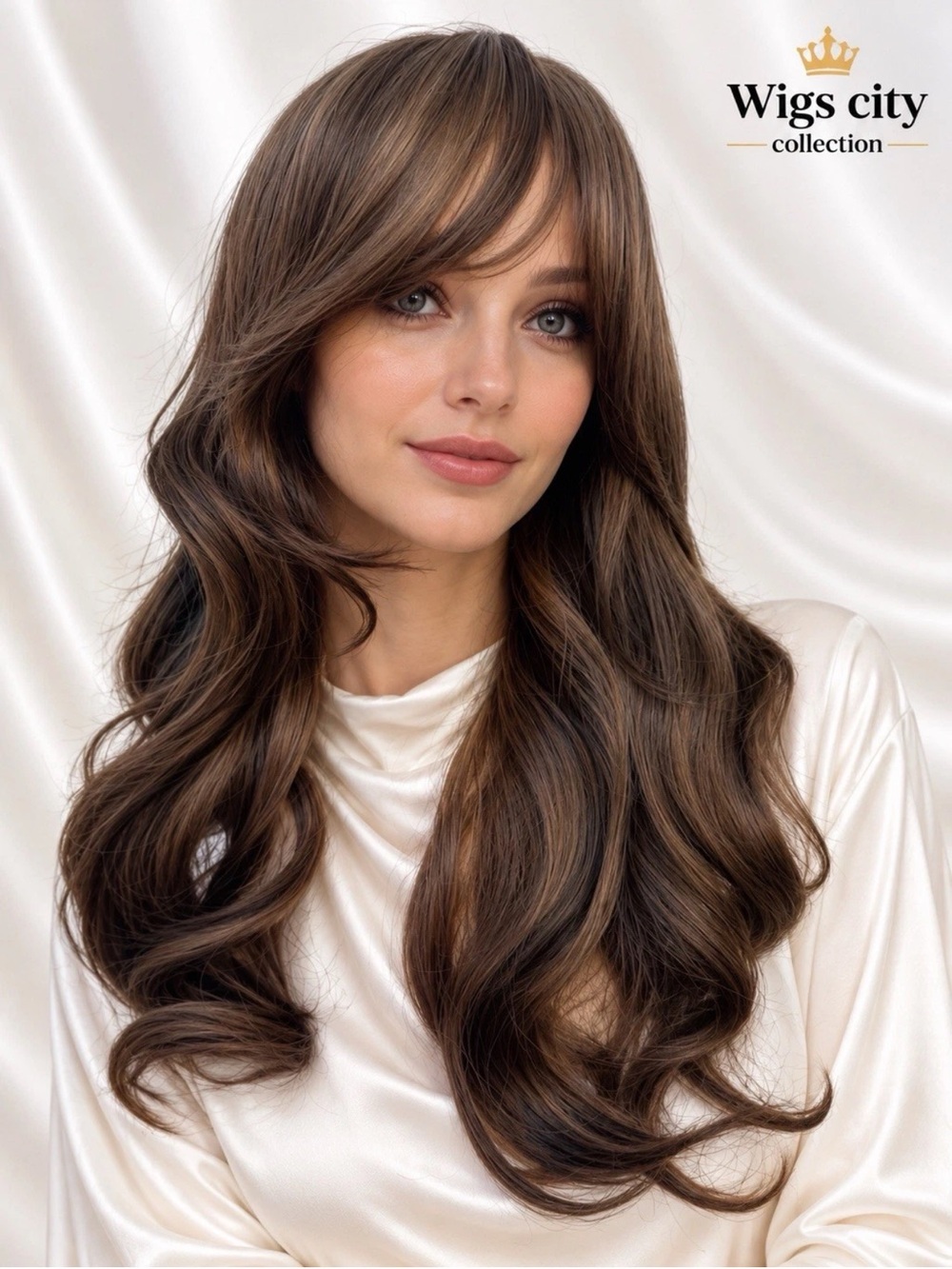 21” Human Hair Blend Wig Natural Ash Brown Blonde Balayage Bangs Heat Resistant